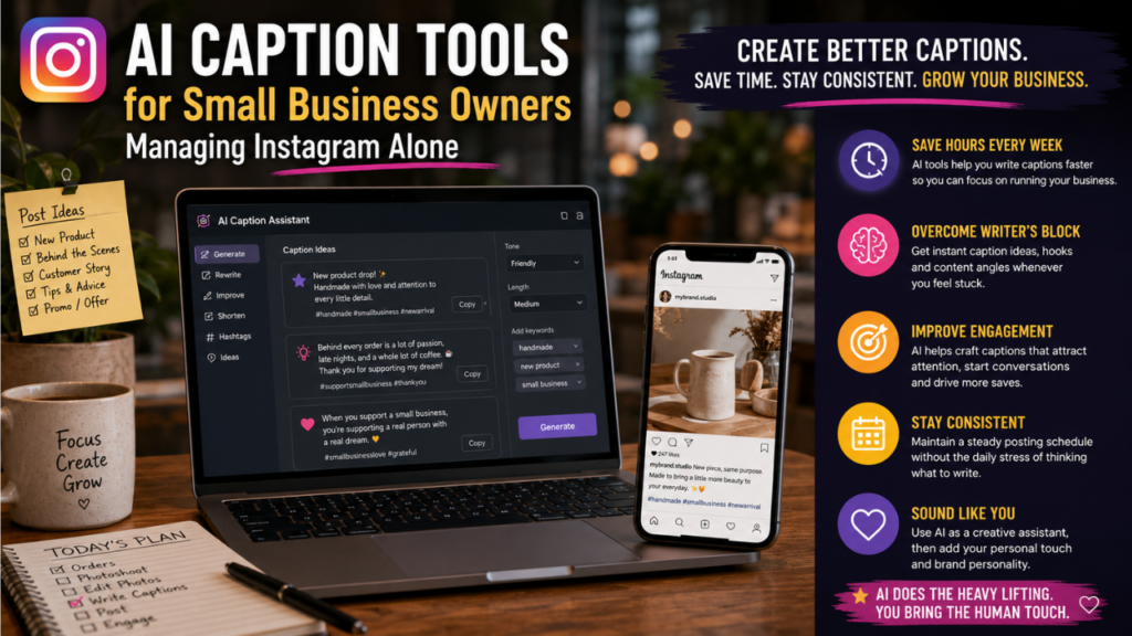 AI caption workflow helping small business owners create Instagram posts faster with hooks, captions, and content ideas