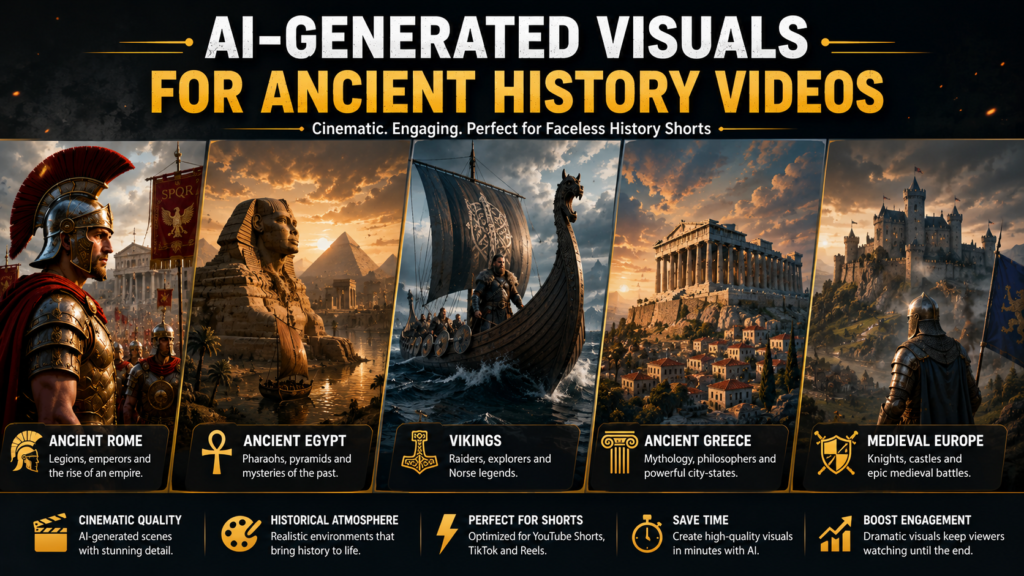 Cinematic AI-generated scenes featuring Roman soldiers, ancient Egypt, Viking ships, Greek temples, and medieval castles for historical Shorts content