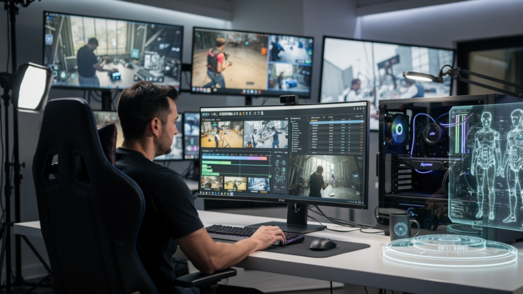 Gaming creator reviewing AI-organized gameplay clips, titles, and content schedules in a professional workspace.