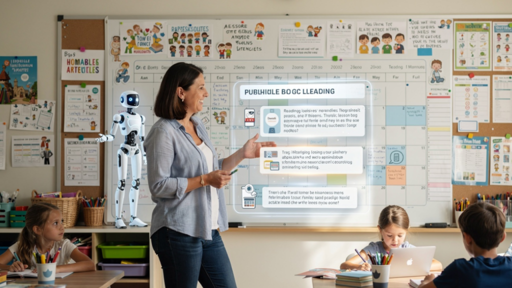 Homeschool parent using AI-powered content planning tools to organize educational activities and future blog articles in a home learning environment.
