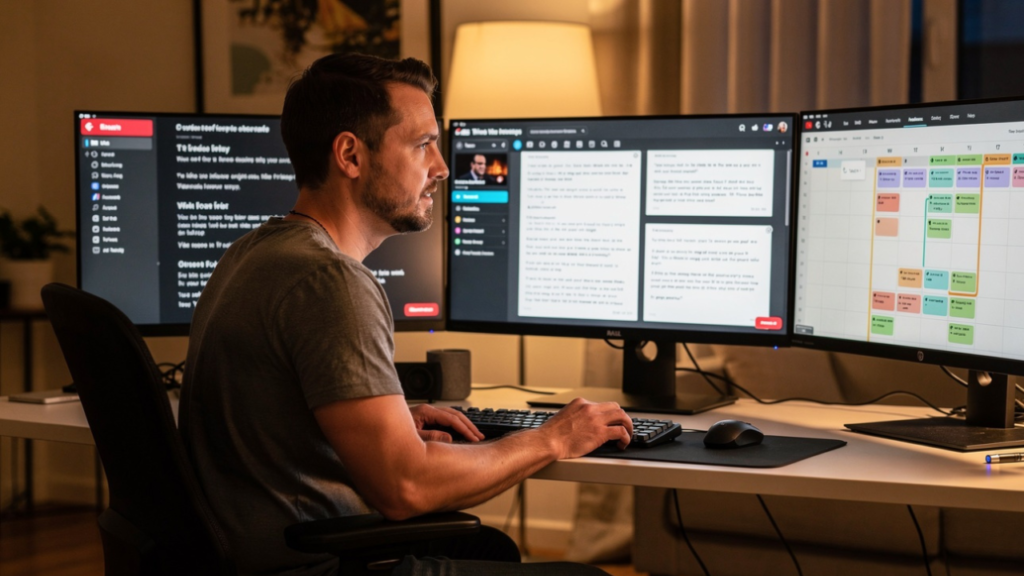 YouTube content creator reviewing organized scripts and content schedules with support from AI workflow tools.