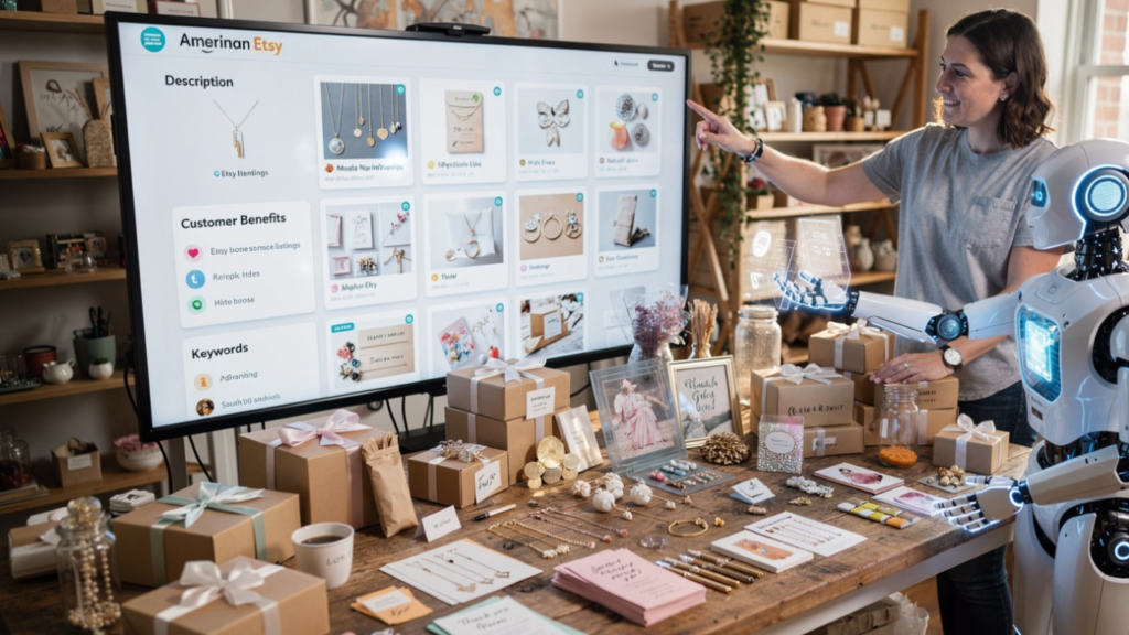 Etsy seller managing handmade product listings with the help of an AI assistant organizing descriptions and ecommerce workflows.