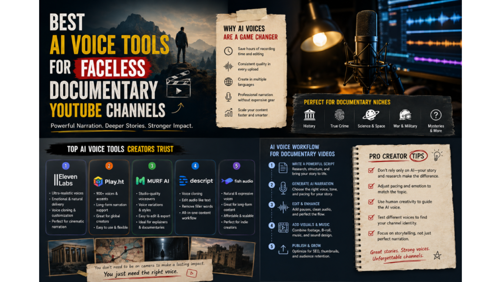 Faceless documentary creator using AI narration tools, cinematic audio editing software, and storytelling workflows in a modern studio setup