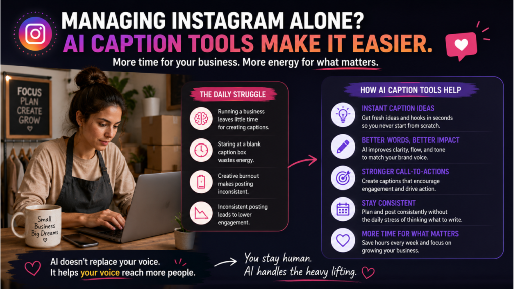Small business owner using AI tools to manage Instagram captions, engagement, content planning, and daily posting workflows