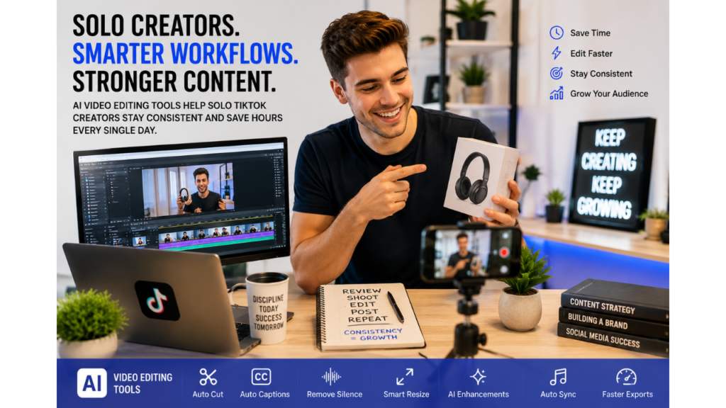 Solo TikTok creator using AI video editing tools to record and edit product review videos in a bright modern home studio