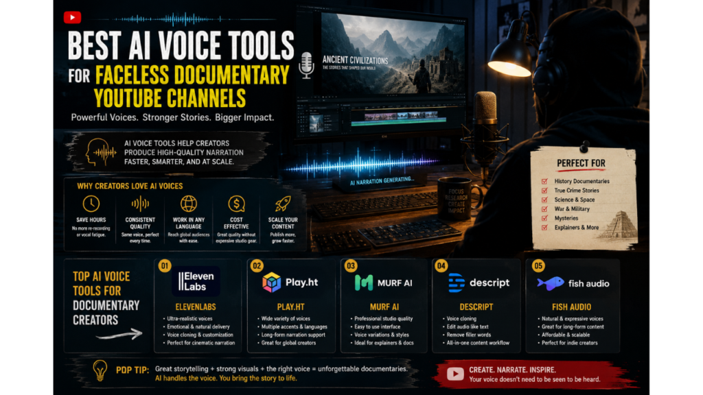 Cinematic AI voice workflow setup for faceless documentary YouTube creators with narration tools, audio editing, and storytelling production
