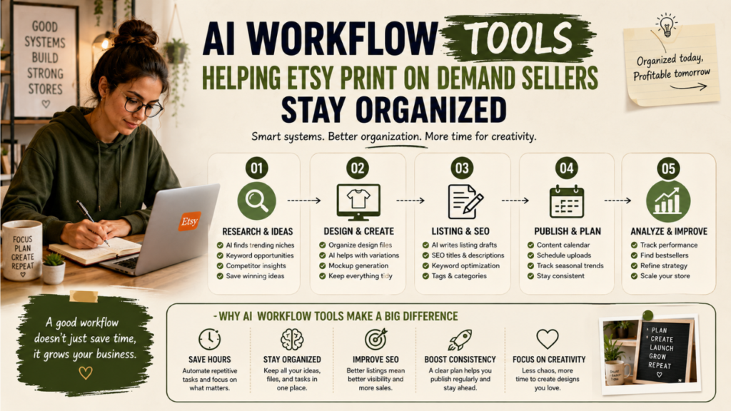 AI workflow infographic helping Etsy print-on-demand sellers organize product research, SEO, mockups, and publishing tasks