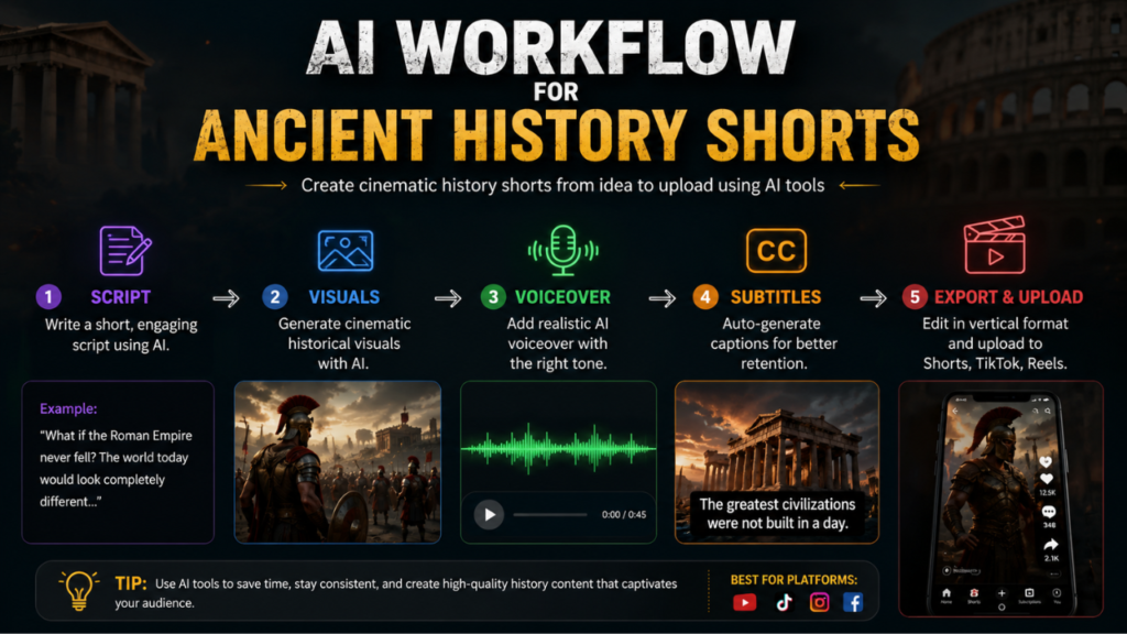 AI workflow showing how creators produce faceless ancient history Shorts using scripts, visuals, voiceovers, subtitles, and AI editing tools