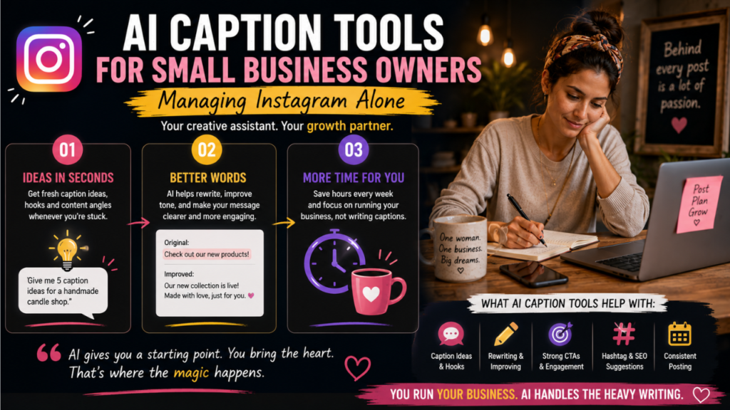 Creative infographic showing AI caption tools helping small business owners generate ideas, improve Instagram captions, and save time
