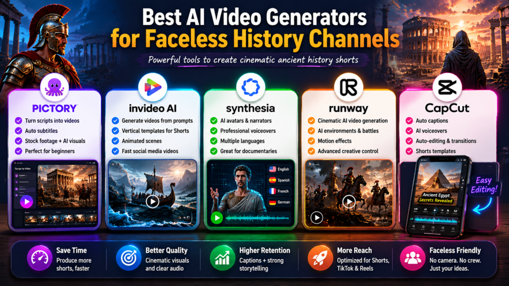 Comparison of AI video generators used for faceless ancient history content creation including Pictory, InVideo AI, Synthesia, Runway, and CapCut