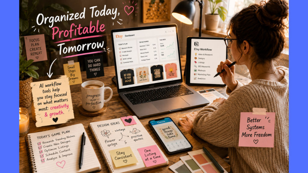 Creative Etsy seller workspace with AI workflow planning, keyword organization, Canva design tools, and print-on-demand business management