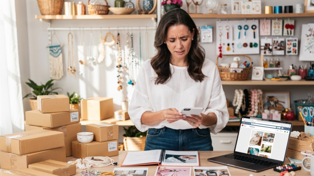 Etsy shop owner reviewing product listings and descriptions while managing inventory and ecommerce tasks.