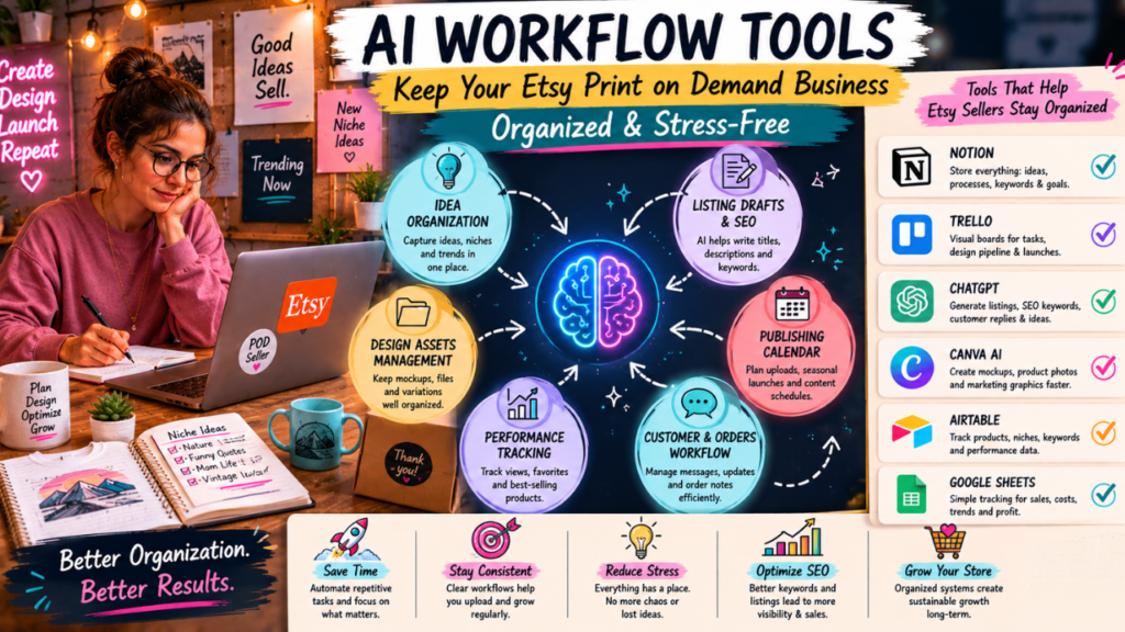 Etsy print-on-demand seller using AI workflow systems, Notion boards, SEO planning, and creative organization tools in a cozy workspace