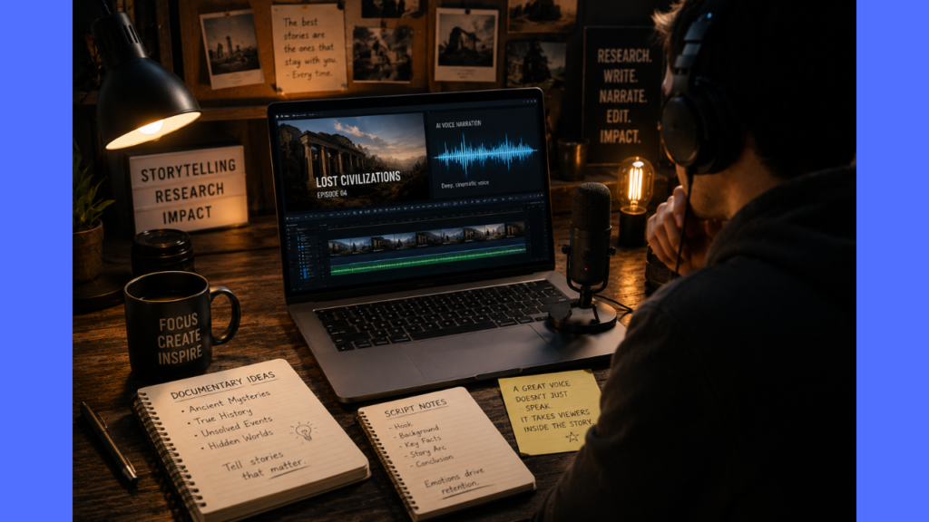 Realistic faceless documentary creator editing historical videos with AI voice tools in a cozy late-night workspace