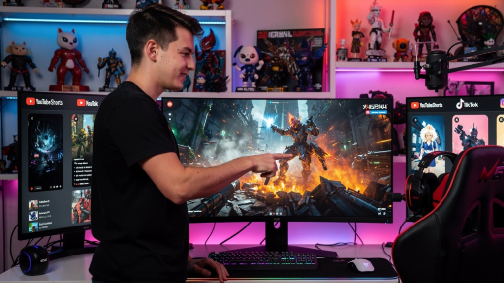 Gaming content creator selecting exciting gameplay moments to create YouTube Shorts, TikTok videos, and Instagram Reels.