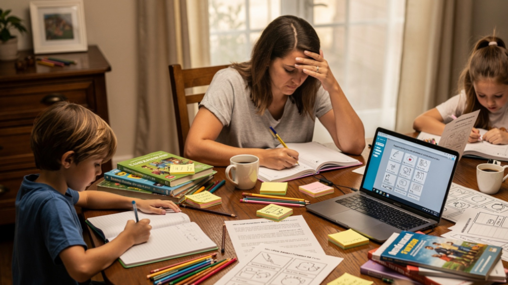 Homeschooling mother organizing lesson plans and educational blog content while teaching children at home with AI-assisted writing support.
