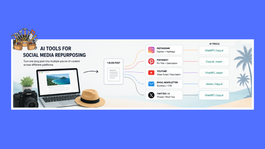 AI tools for repurposing travel blog content on social media