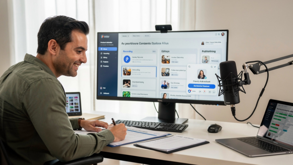 Podcast creator reviewing a structured content workflow with AI-assisted task management and podcast production planning tools.
