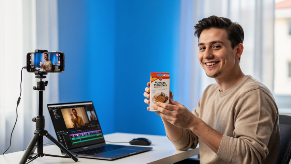Content creator filming TikTok product reviews with AI-assisted editing workflow, smartphone setup, and modern video production tools