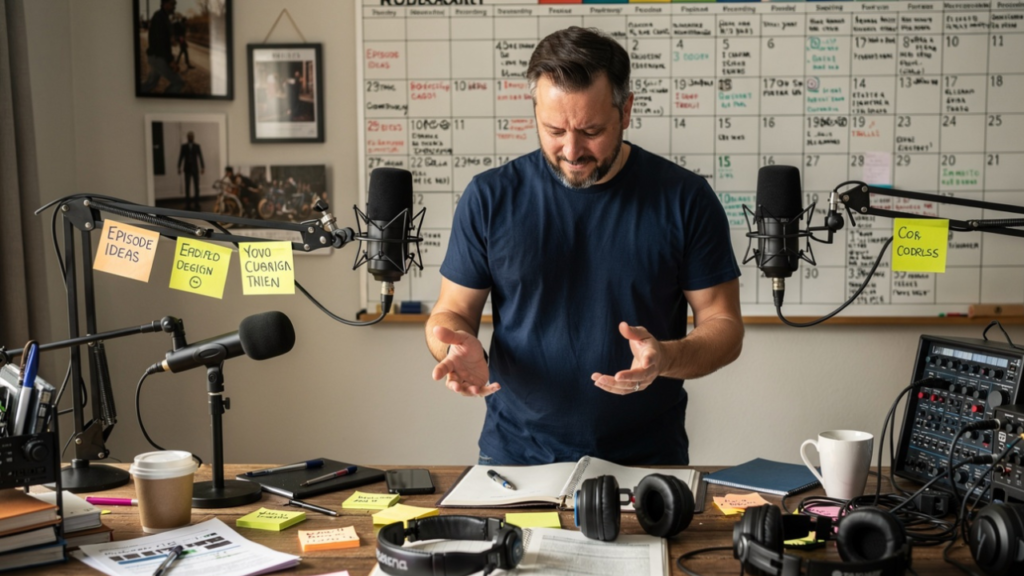 Solo podcast creator standing in a cluttered recording studio surrounded by microphones, notes, calendars, and unfinished podcast production tasks.
