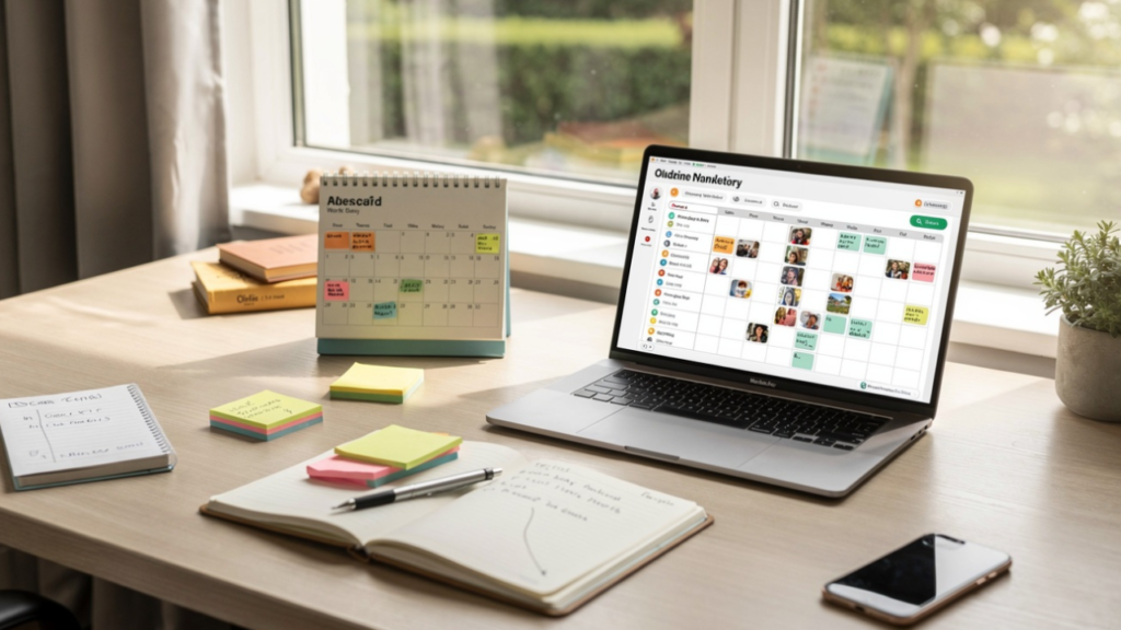 Faceless content creator planning a productive workday with content calendar, task management tools, and organized video production workflow