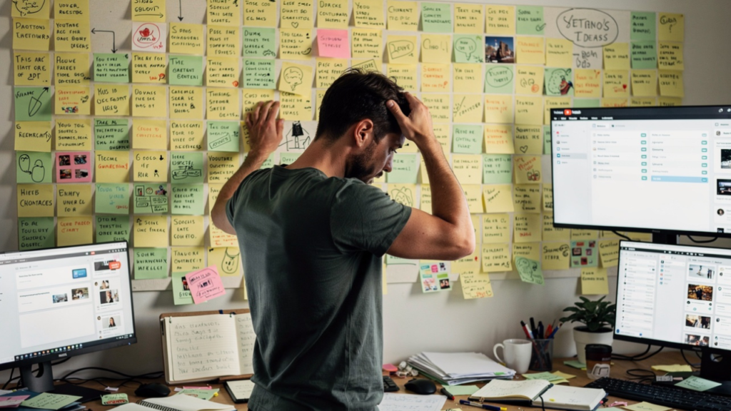 YouTube script writer organizing scattered video ideas and research notes with assistance from an AI content planning system.