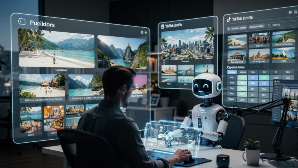 Travel creator using an AI assistant to organize travel footage, content calendars, video drafts, captions, and publishing schedules in a modern digital workspace.