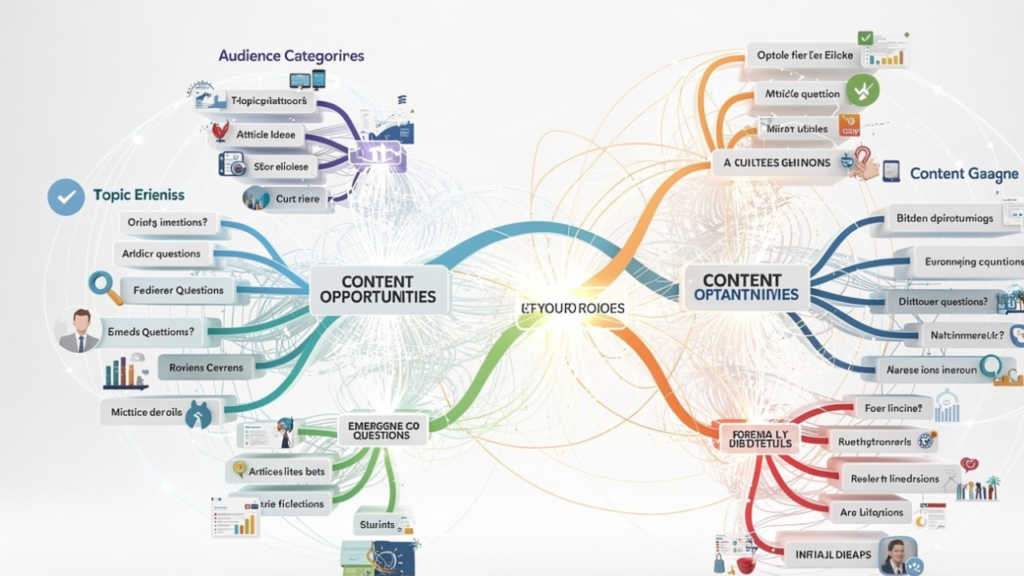AI content opportunity discovery system displaying keyword clusters, audience questions, content gaps, emerging trends, and topic expansion opportunities for content creators and writers.