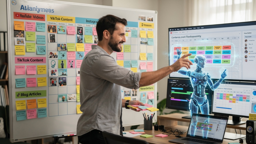Content creator organizing a weekly content calendar with AI assistance, using workflow boards, publishing schedules, and content planning tools in a modern workspace.