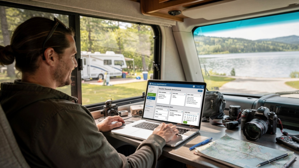 RV travel blogger using AI tools to organize travel research and content planning workflows.