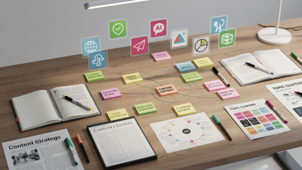 AI-powered content research workflow showing organized topic clusters, research notes, keyword mapping, content planning materials, and AI-assisted brainstorming resources for writers and creators.