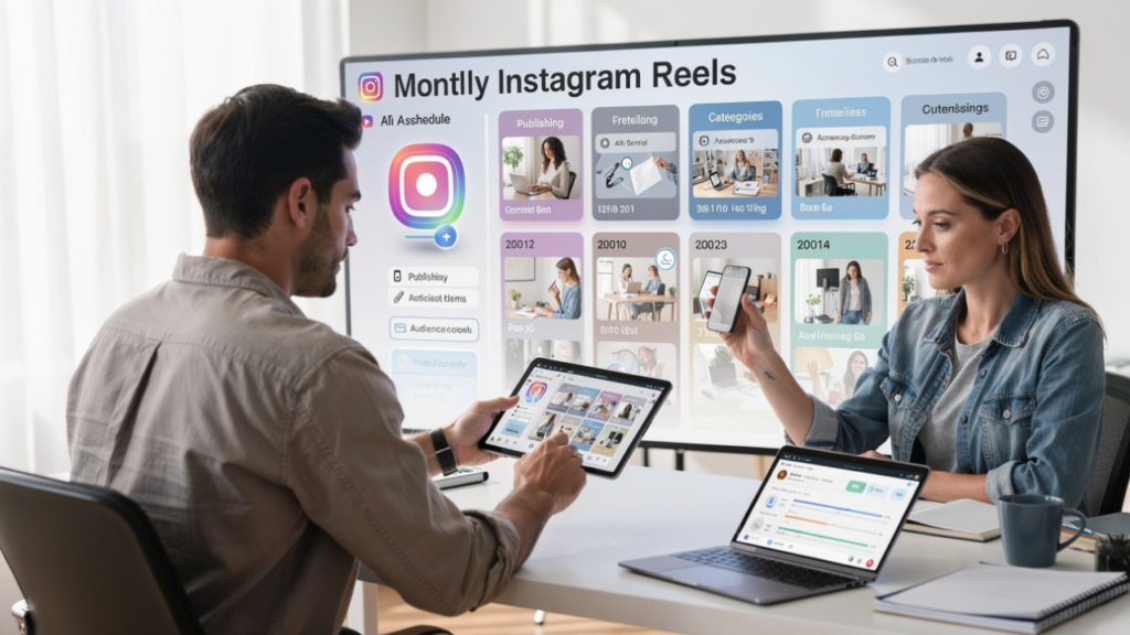 Instagram creator using AI scheduling tools to organize Reel publishing calendars, content categories, and workflow planning.