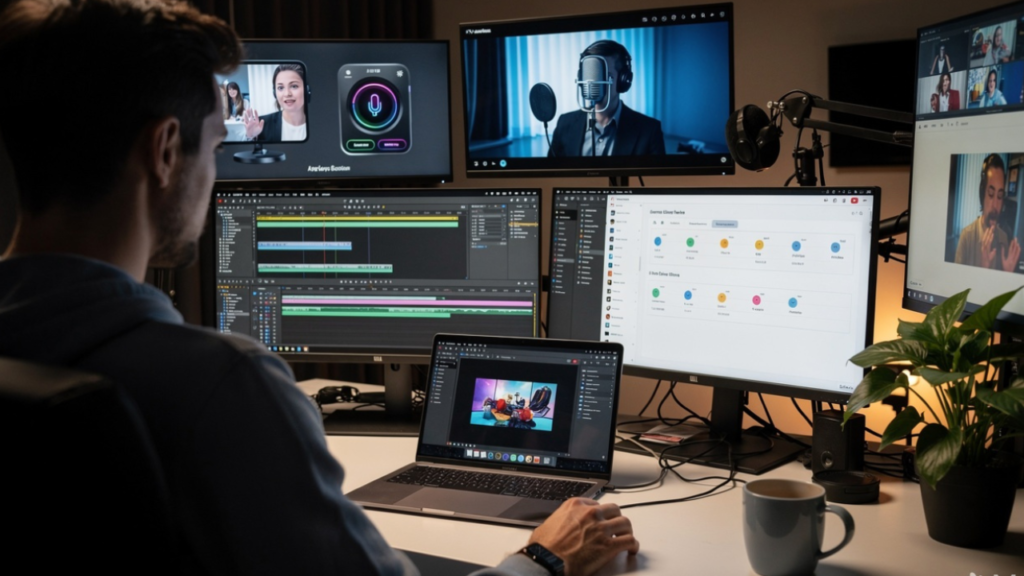Small YouTube creator using AI video production tools for editing, voiceovers, content planning, and thumbnail design.
