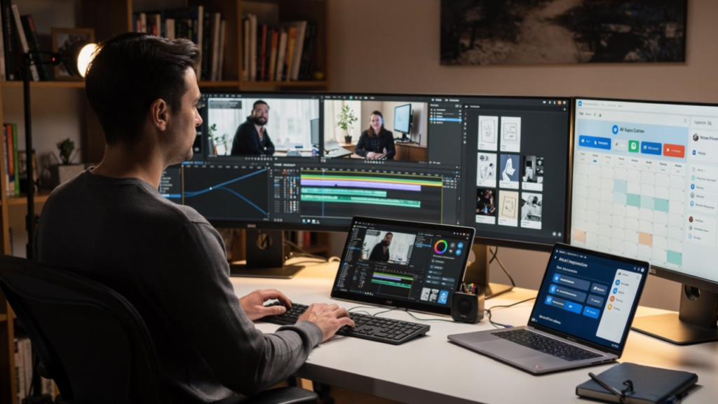 One-person YouTube creator using AI video tools to manage content production workflows and improve productivity