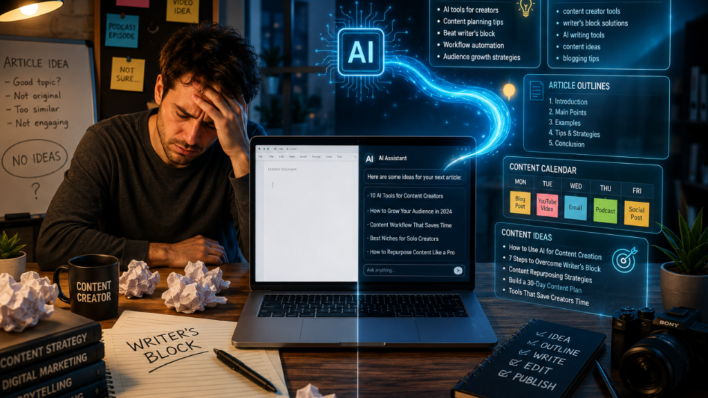 Solo creator overcoming writer's block using AI writing tools, content planning workflows, blog ideas, article outlines, and AI-powered content creation assistance