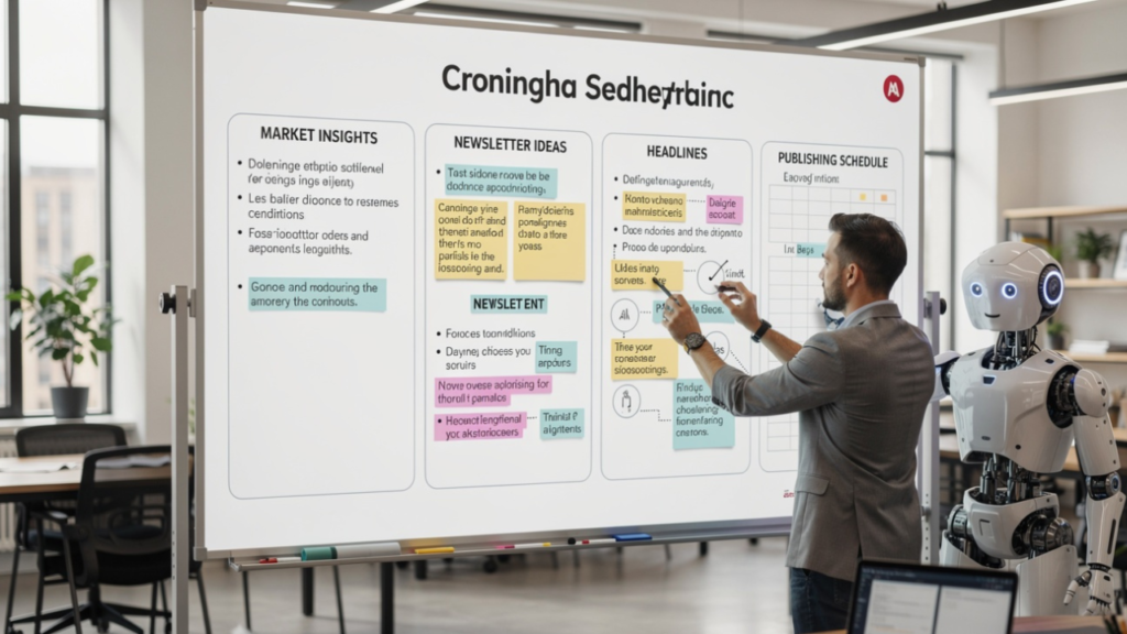Content creator and AI assistant organizing finance newsletter ideas, research notes, headlines, and publishing schedules on a workflow board.
