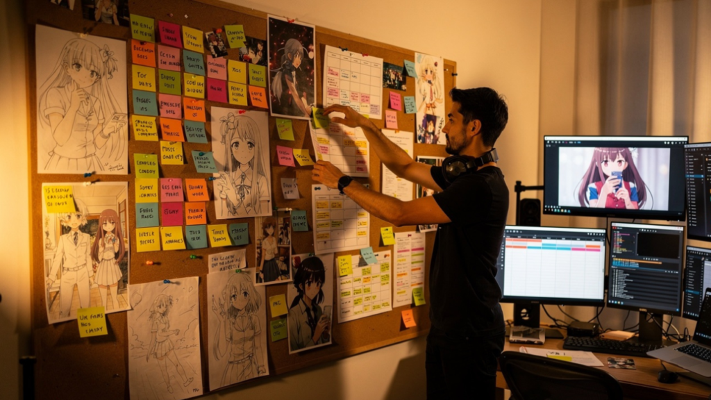 Anime content creator organizing video ideas, content calendars, and production plans inside a creative studio.