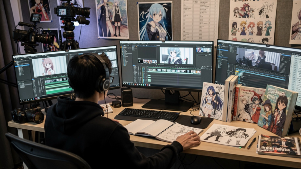 Anime content creator organizing video production workflows and managing content creation projects.