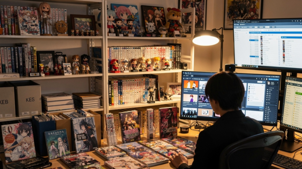 Anime content creator organizing a digital content library, research materials, and publishing resources.