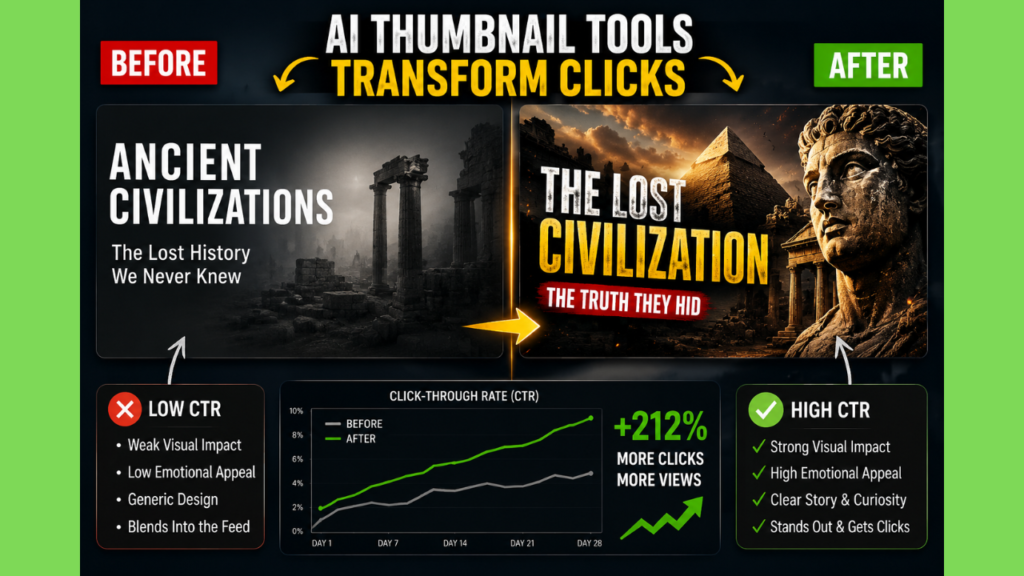 Comparison between a basic documentary thumbnail and an AI-enhanced thumbnail optimized for clicks