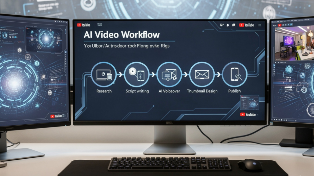 AI video workflow showing research, script writing, editing, thumbnails, and publishing for YouTube creators.