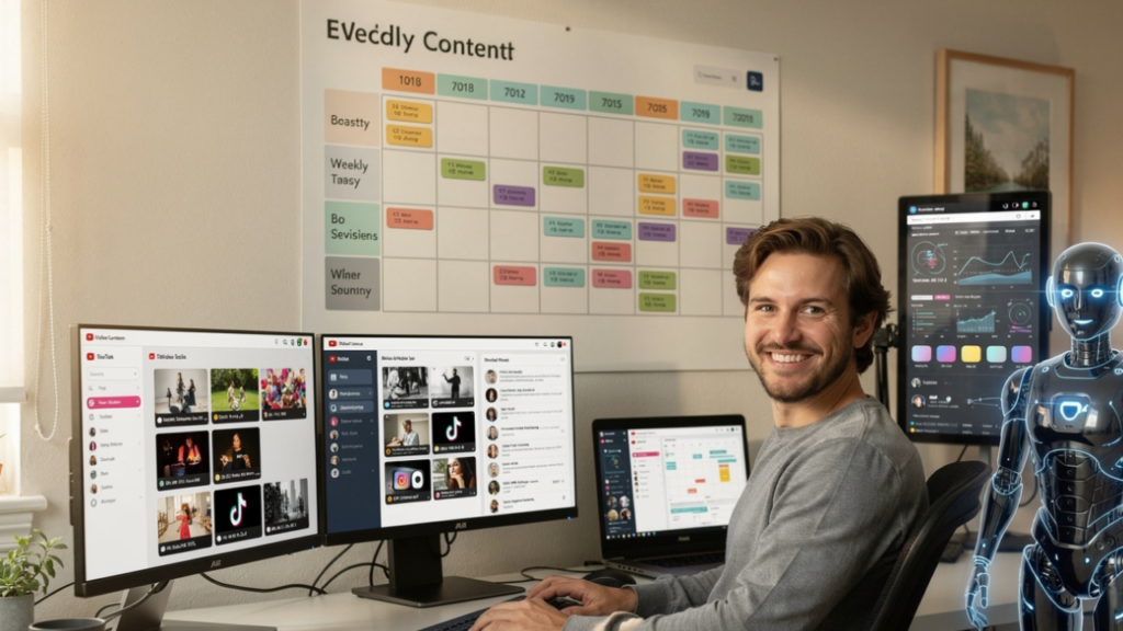 Content creator reviewing an organized weekly content calendar while using AI workflow tools to maintain consistent publishing and productivity.