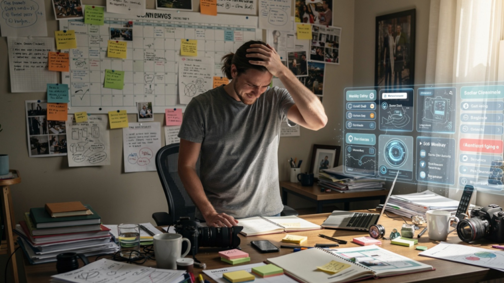 Content creator standing in a messy home office with scattered content ideas and planning notes while an AI assistant organizes tasks into a structured weekly content workflow.