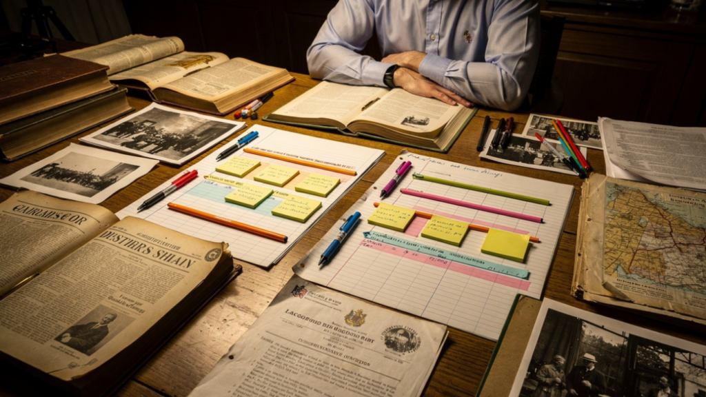 Documentary creator organizing historical research sources and reference materials