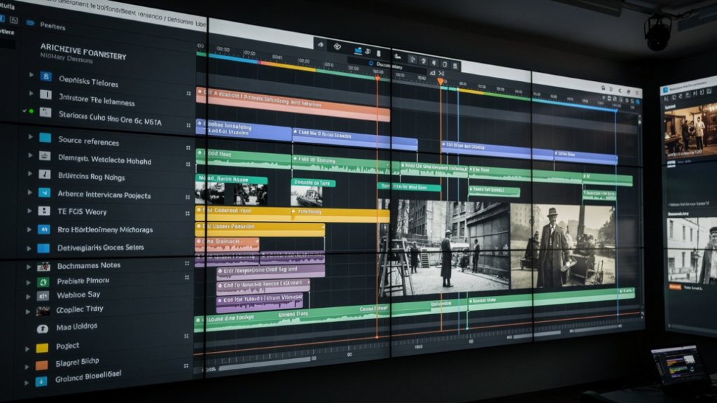 Documentary production timeline with organized research materials and source references.
