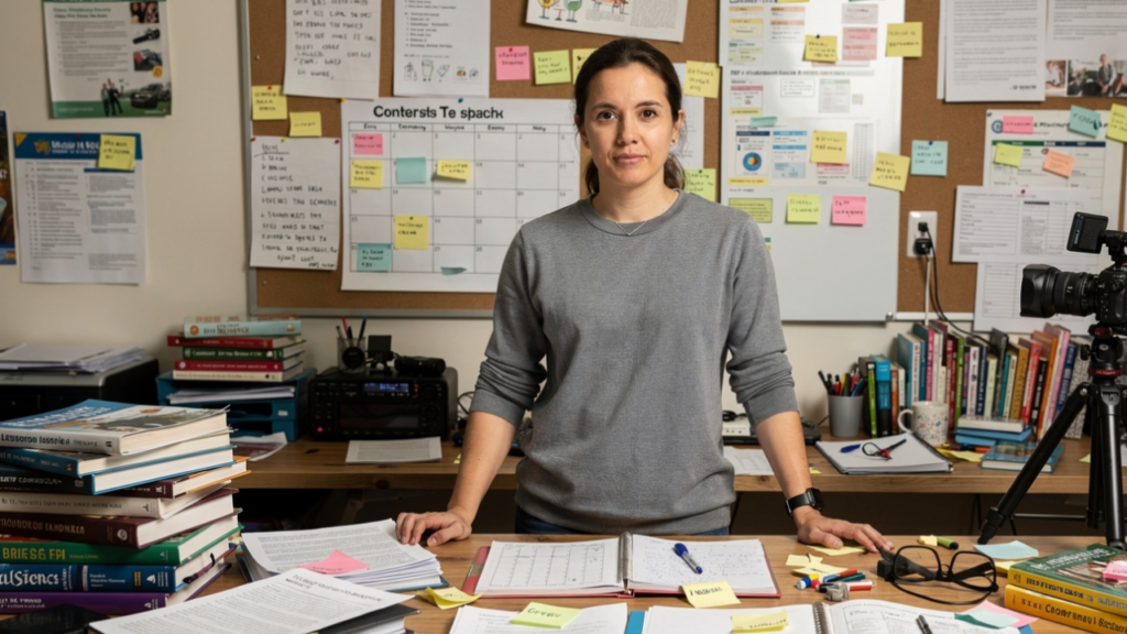 Educational creator surrounded by lesson plans, research materials, and content production tasks.