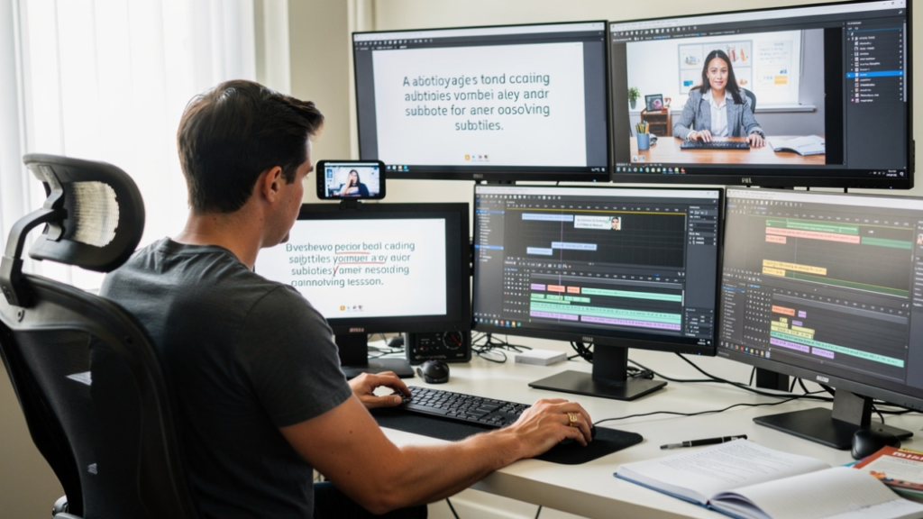 Educational content creator reviewing AI-generated subtitles for an online learning video.