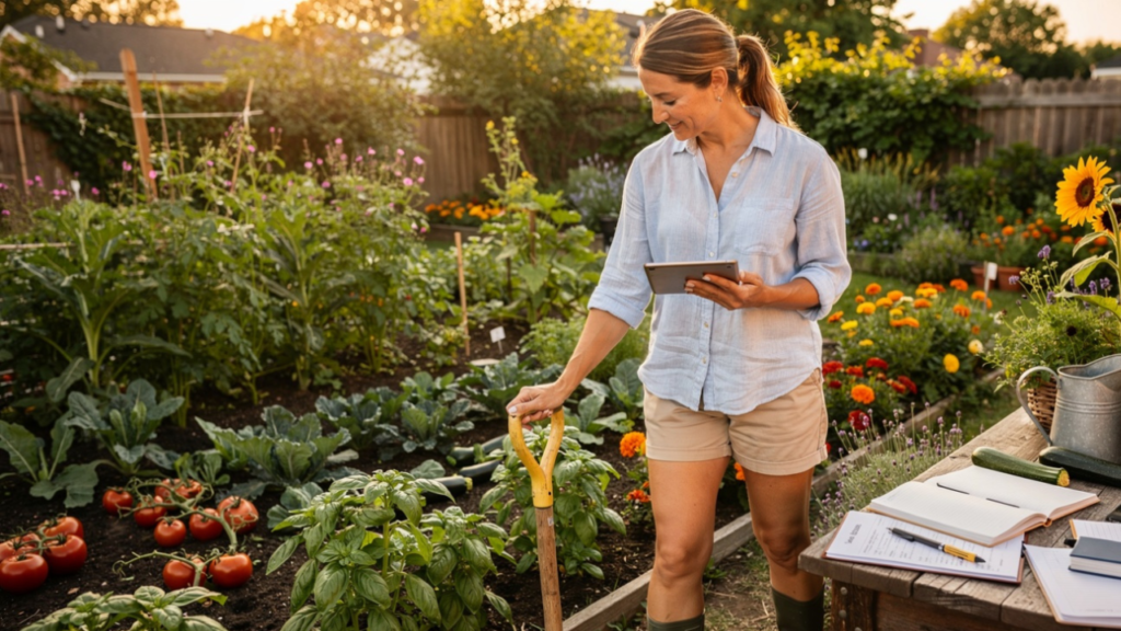 Experienced gardening blogger reviewing content while standing in a healthy backyard garden filled with plants and vegetables.