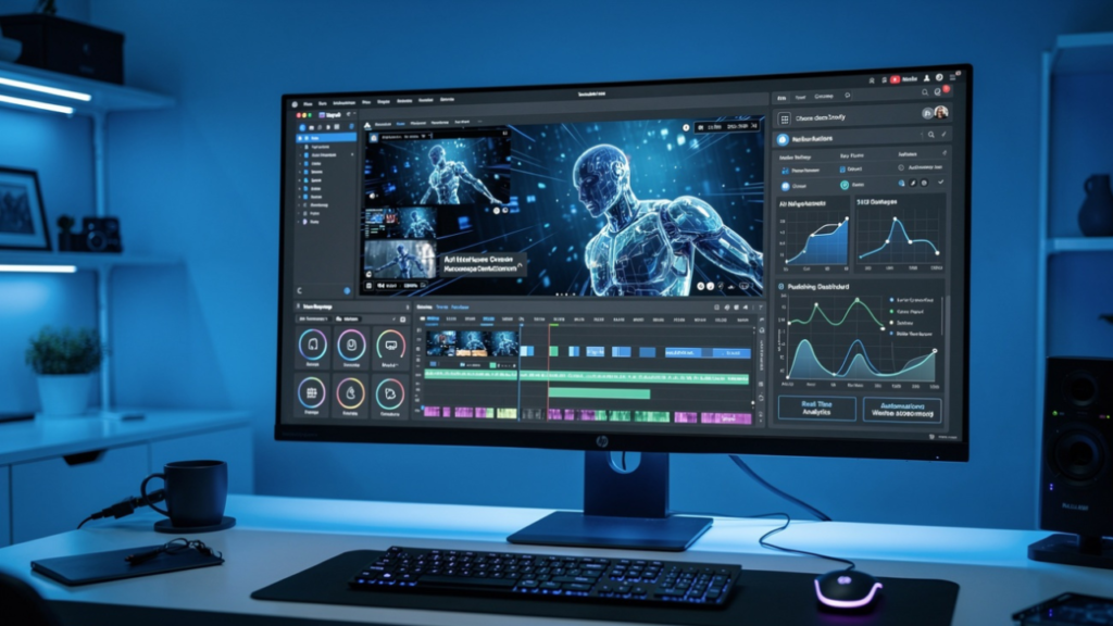 Solo YouTube creator using advanced AI video production tools and workflow automation systems