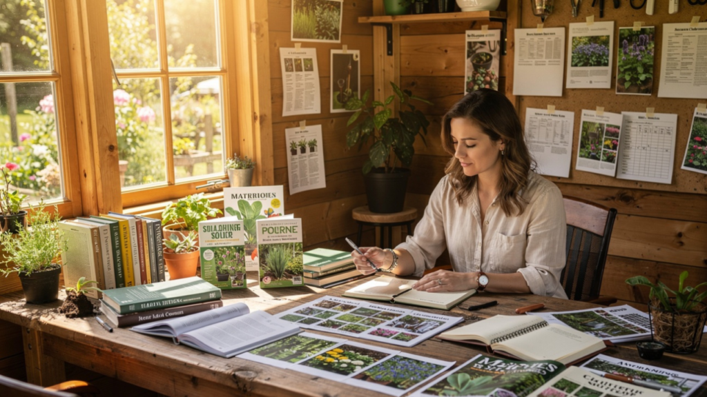 Gardening blogger researching plant information and organizing seasonal content ideas for future blog articles.
